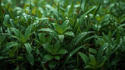 Obraz premium Close-up of green grass and leaves with water droplets after rain. Nature and plant life, freshness, and hydration. The scene of a verdant, moist landscape.