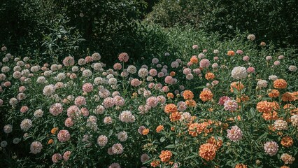 A garden scene with numerous pink, purple, and orange flowers in full bloom among lush green foliage.