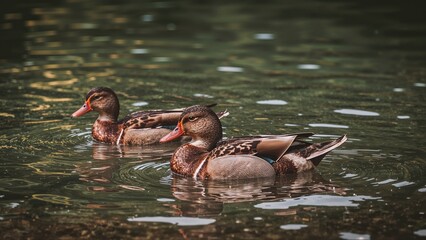Two ducks swimming peacefully in water, showcasing aquatic wildlife and natural habitat. Nature and wildlife scene. The serenity of birds in their environment.