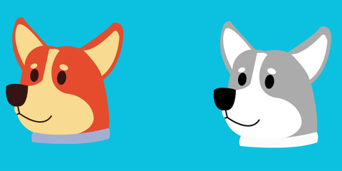 Set of cute Pembroke Welsh Corgi dog head profile vector illustrations in flat cartoon style.