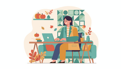 Smiling woman working remotely on her laptop in a cozy autumnal home office environment