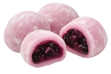 Delicious pink mochi treats filled with red bean paste on a simple white background showcasing their round shape and soft texture