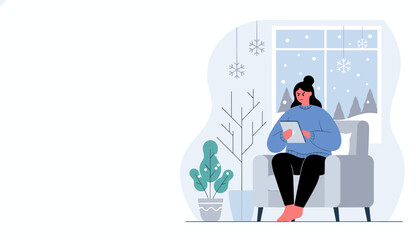 Angry woman in a cozy sweater using a tablet indoors during heavy snowfall