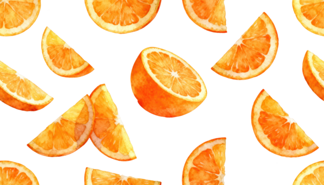 Bright Watercolor Orange Slices Pattern on White. Fresh Fruit Design, Citrus Background, Summer Illustration, Food Art, Vibrant Colors, Elegant,