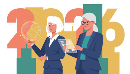 Corporate vision for 2026 Two leaders analyze global data using futuristic technology