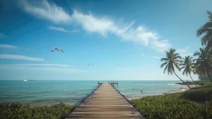 A wooden pier extending into the ocean with palm trees on the right, a blue sky with clouds, seagulls flying, and a sailboat in the distance.