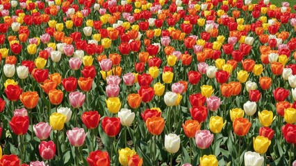 A vibrant field of tulips in red, yellow, pink, orange, and white colors blooming abundantly.