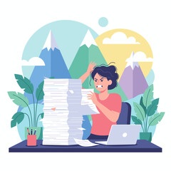 Angry woman struggling with a mountain of paperwork Stress burnout and heavy workload