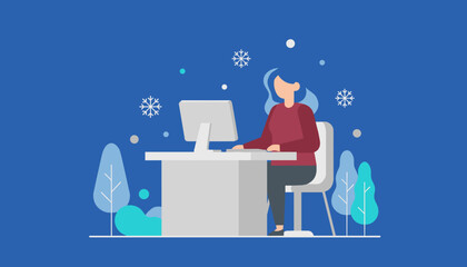 Professional woman working remotely at PC desk in a stylized winter illustration