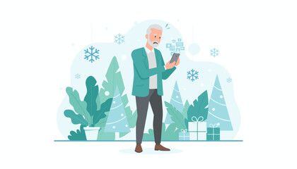 Worried senior man using a smartphone receives notifications in a festive snowy holiday scene