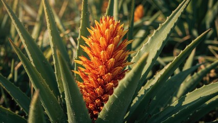 Aloe Vera plant with a vibrant orange flower spike amidst green leaves.