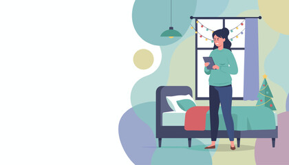 Illustration of stressed woman using digital tablet during holiday season