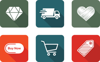 E-commerce icon set, long-shadow square buttons with luxury, delivery, cart, heart, and pricing symbols for retail UI templates