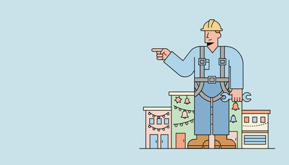 Maintenance worker pointing standing over festive town buildings Professional service concept
