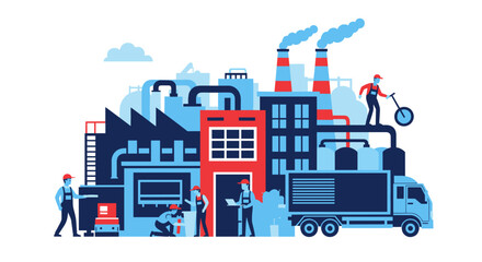Industrial complex with workers and logistics truck Manufacturing production and labor concept