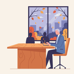 Senior businessman works on laptop in office meeting autumn city view