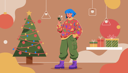 Trendy woman checking social media near a decorated Christmas tree and gifts