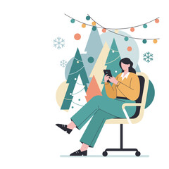 Relaxing holiday break Woman scrolling phone with Christmas trees and lights in the background