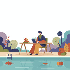 Freelancer working on laptop by a pool in autumn Digital nomad and remote flexible work concept