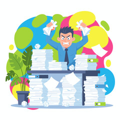 Angry office worker drowning in piles of documents Burnout frustration and excessive stress concept