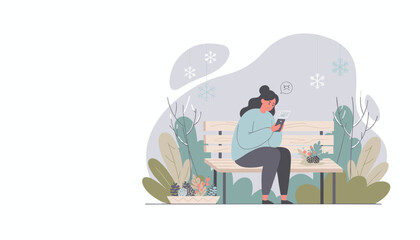 Sad woman reads bad news on her smartphone outdoors feeling lonely and distressed in winter