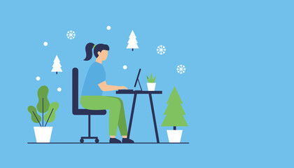 Woman using laptop for remote work in a cozy winter or holiday home office setting