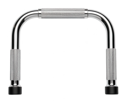 Chrome push-up bar, fitness equipment, exercise, home workout, upper body strength, shiny metal, grip pattern, black rubber base, isolated on white
