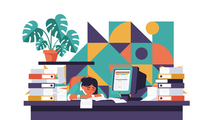 Exhausted worker suffers burnout sleeping on desk overwhelmed by paperwork and excessive workload
