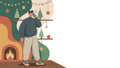 Man talking on phone by festive fireplace cozy Christmas interior illustration with communication theme and copy space