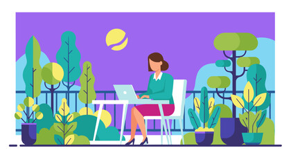 Professional woman working on laptop in a lush outdoor garden or terrace Remote work concept