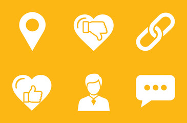 Social UI icon set, orange square buttons with location, heart, thumbs, link, profile, and message symbols for app templates