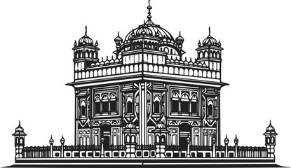 Detailed monochrome illustration of Golden Temple, Amritsar, Pun