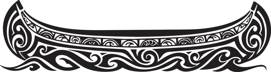 Intricate monochrome stylized illustration of a tribal canoe in