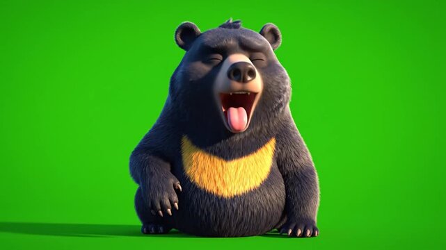 Adorable 3D Cartoon Sun Bear Character Yawning on Green Screen Background