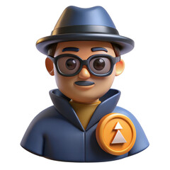 3d cartoon detective character with fedora and glasses isolated on transparent background