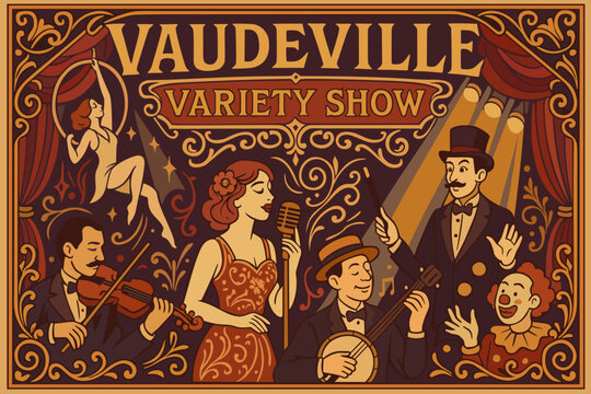 Vaudeville variety show. Vector vintage poster with art nouveau elements with stylized lettering and ornamental details, with mix of performing artists, musicians, and entertainers
