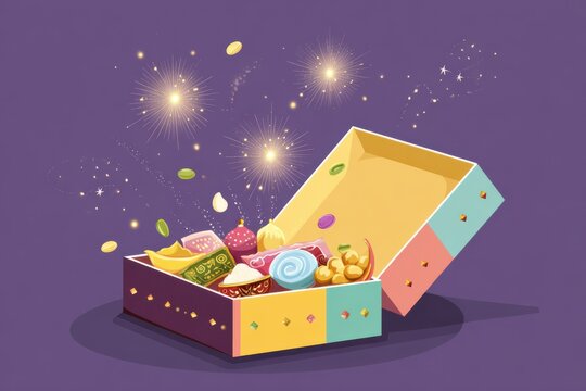 Diwali celebration gift box opening with fireworks