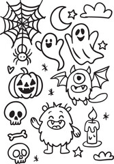 Spooky and Adorable Halloween Doodle Set – Ghosts, Pumpkins, Monsters, Skulls, Spider Webs, and Candles in Hand Drawn Style Vector Art