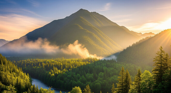 mountains in the morning with beautiful mist and beautiful sunlight