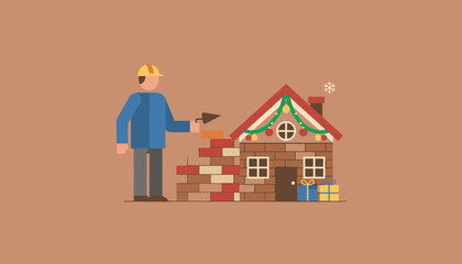 Builder constructing a festive brick house Home improvement real estate winter construction concept