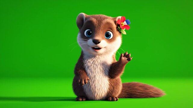 Adorable Cartoon Weasel Waving Hello with Tropical Flower on Green Background