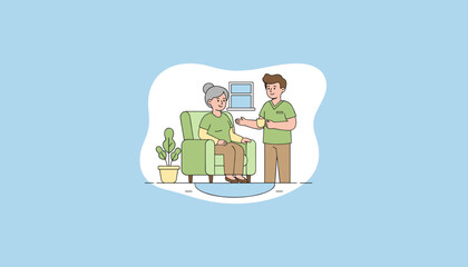 Caregiver offers assistance and coffee to a happy senior woman sitting in a comfortable armchair at home