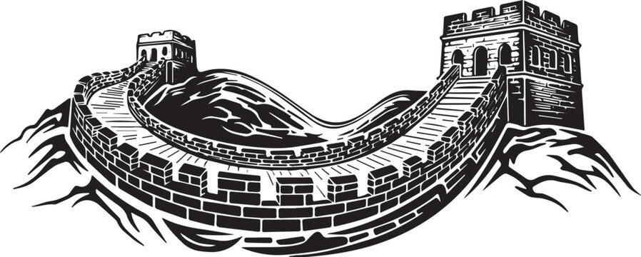 Monochrome illustration depicting the Great Wall of China vector