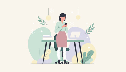 Professional woman uses smartphone at her stylish desk in a cozy winter illustration