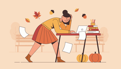 Stressed studentworker suffering burnout while working on a laptop outside in autumn Deadlines concept