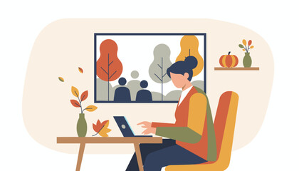 Professional woman working on laptop at home office during autumn Remote work and virtual meeting concept