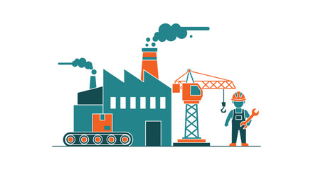 Industrial production concept graphic with factory crane conveyor and construction worker illustration