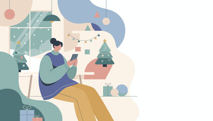 Woman uses smartphone in a cozy decorated room during a snowy Christmas holiday