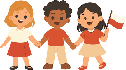  Three happy children holding hands and smiling, with one child waving a red and white flag in a cheerful and friendly scene. 