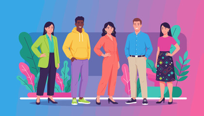 Diverse young professionals smiling confidently Modern team inclusion vibrant graphic illustration